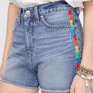 J Crew Point Sur Boyfriend Denim Shorts Multicolor Embroidered Stripe 28 Raw Hem